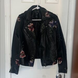 Brandon Thomas Black Faux Leather Moto Jacket with Floral Embroidery